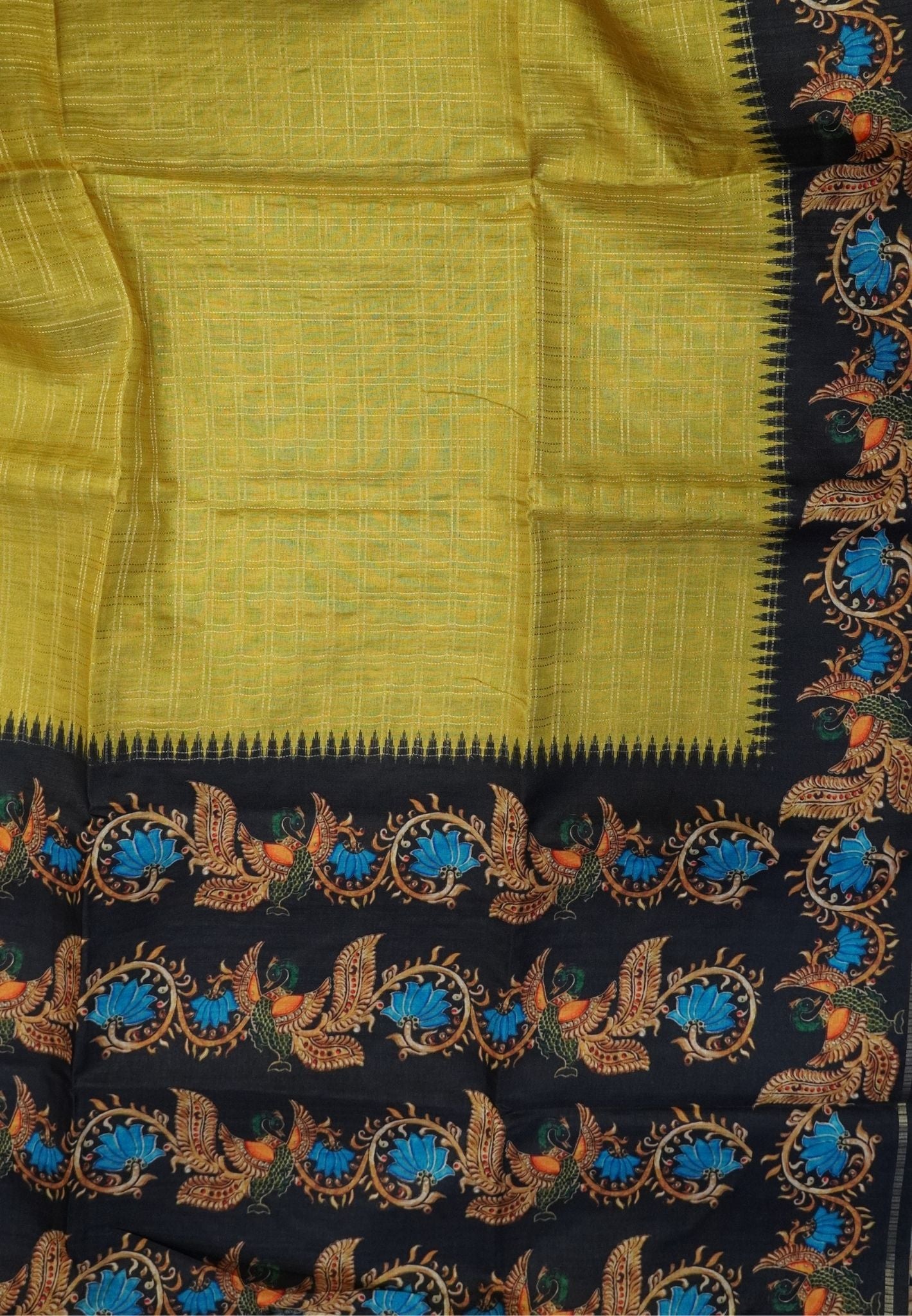 Premium Matka Tussar Saree-Lime Green with Contrast Border in Tanjore Print