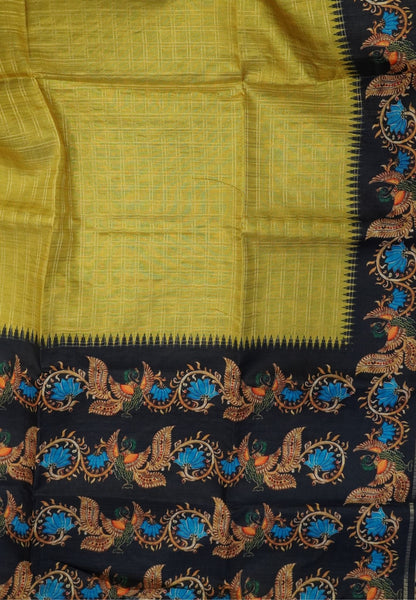 Premium Matka Tussar Saree-Lime Green with Contrast Border in Tanjore Print