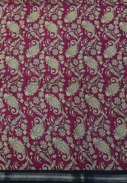 Jute Tussar Saree - Violet & Maroon with Floral Print