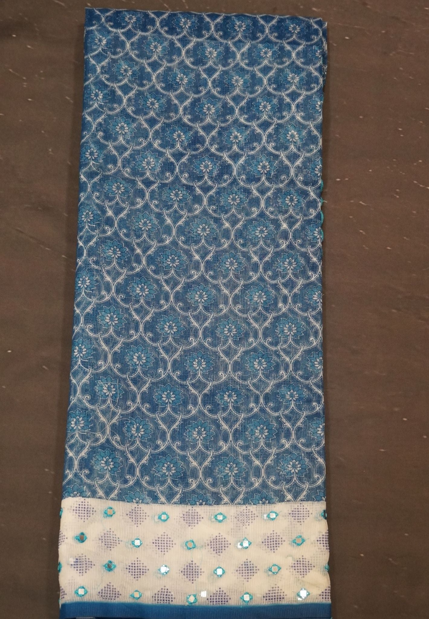 Supernet Kota Cotton Saree-Blue with Mirror Work