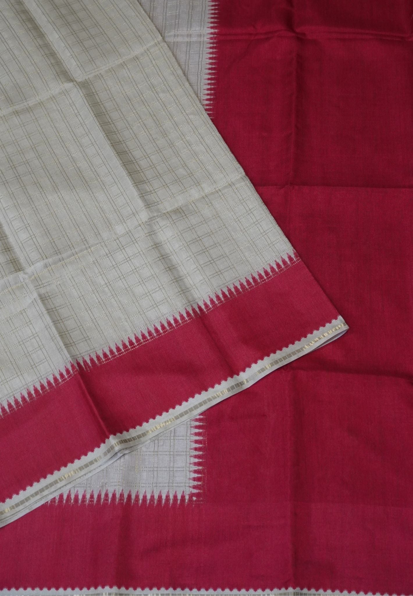 Semi Matka Tussar Saree-Off White with Contrast Border and Zari Checks
