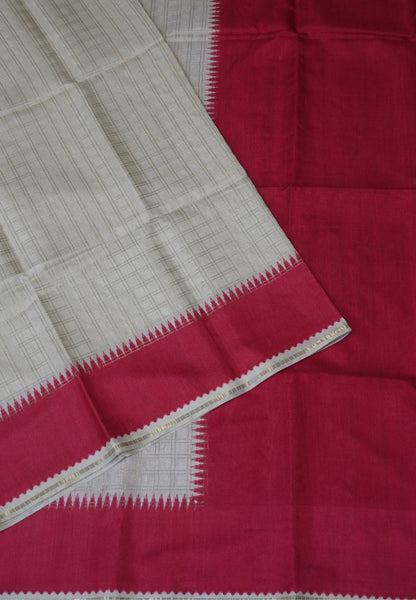 Semi Matka Tussar Saree-Off White with Contrast Border and Zari Checks