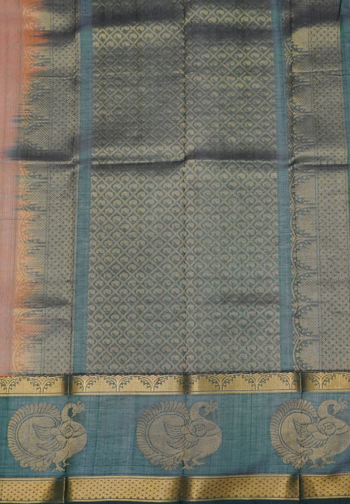 Pure Silk Cotton Saree-Burnt orange with Green in Heritage Annapakshi Border