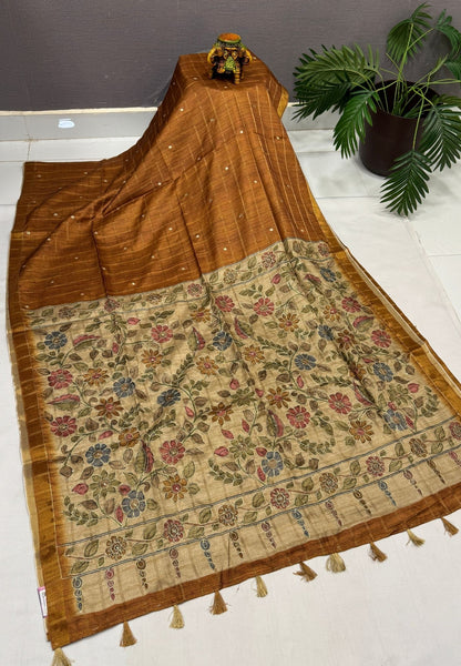 Semi Tussar Saree-Mustard In Floral Kalamkari with Hanging Motif Border