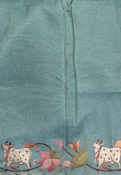 Tussar Saree-Sea Blue with Zari Stripes in Pichwai Embroidery Border