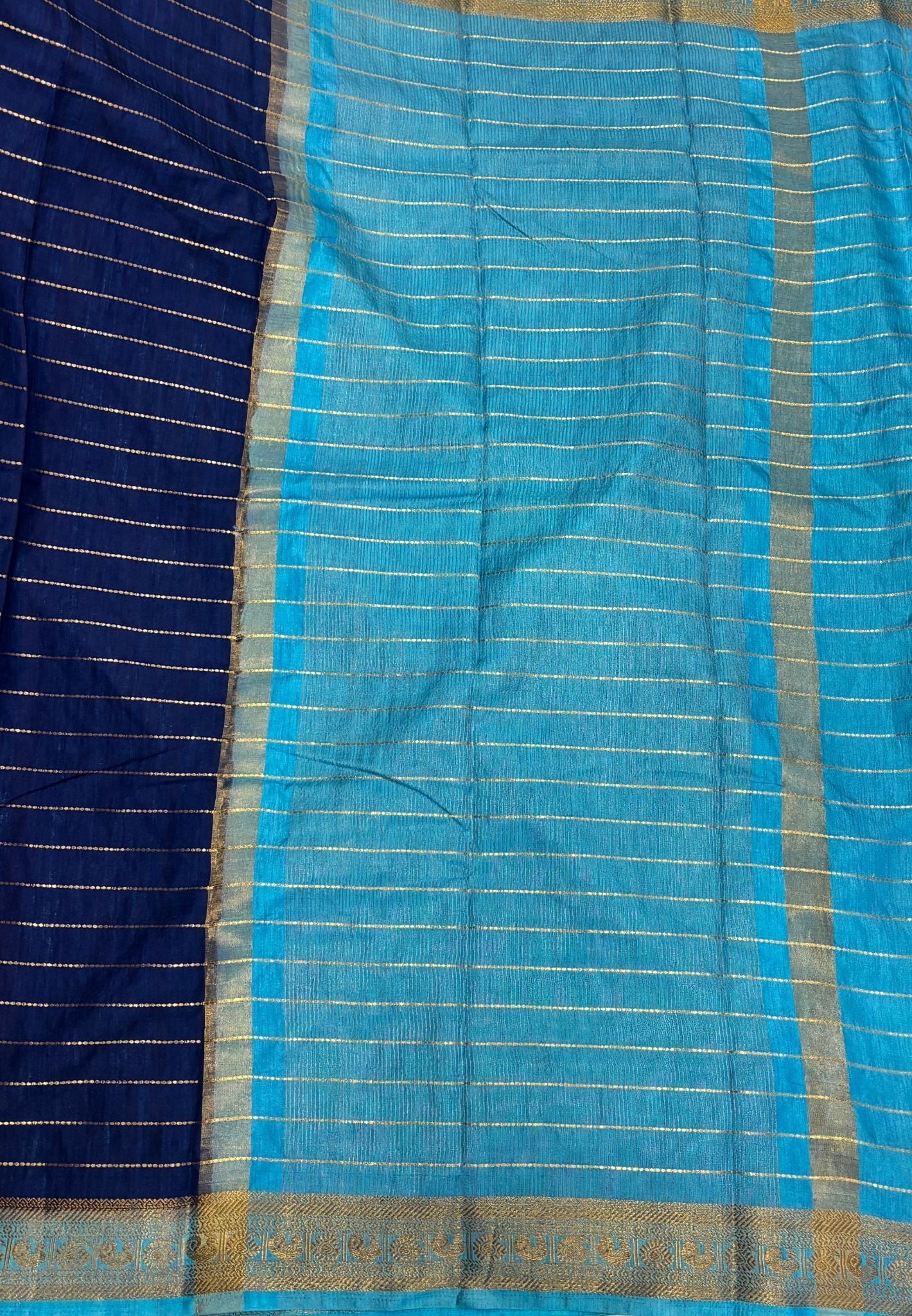 Semi Raw Silk Saree-Navy Blue in Zari Lines with Contrast Annam Border
