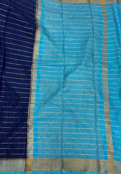 Semi Raw Silk Saree-Navy Blue in Zari Lines with Contrast Annam Border