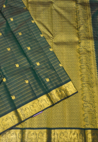 Pure Kanchipuram Silk Saree-Bottle Green Vairaoosi with Peacock Butta and Border