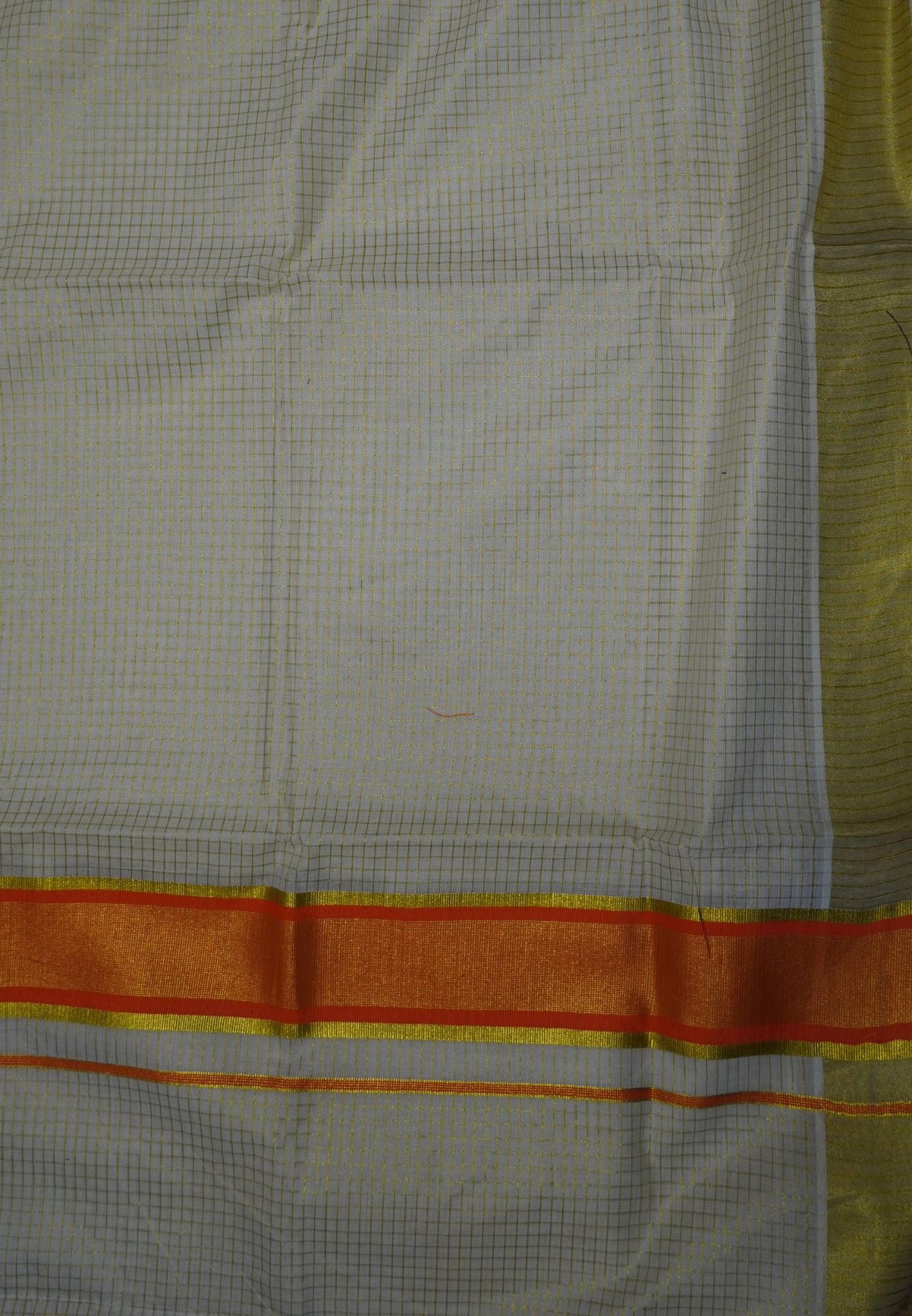 Cotton Saree – Off White with Micro Checks and Orange Kasavu Border