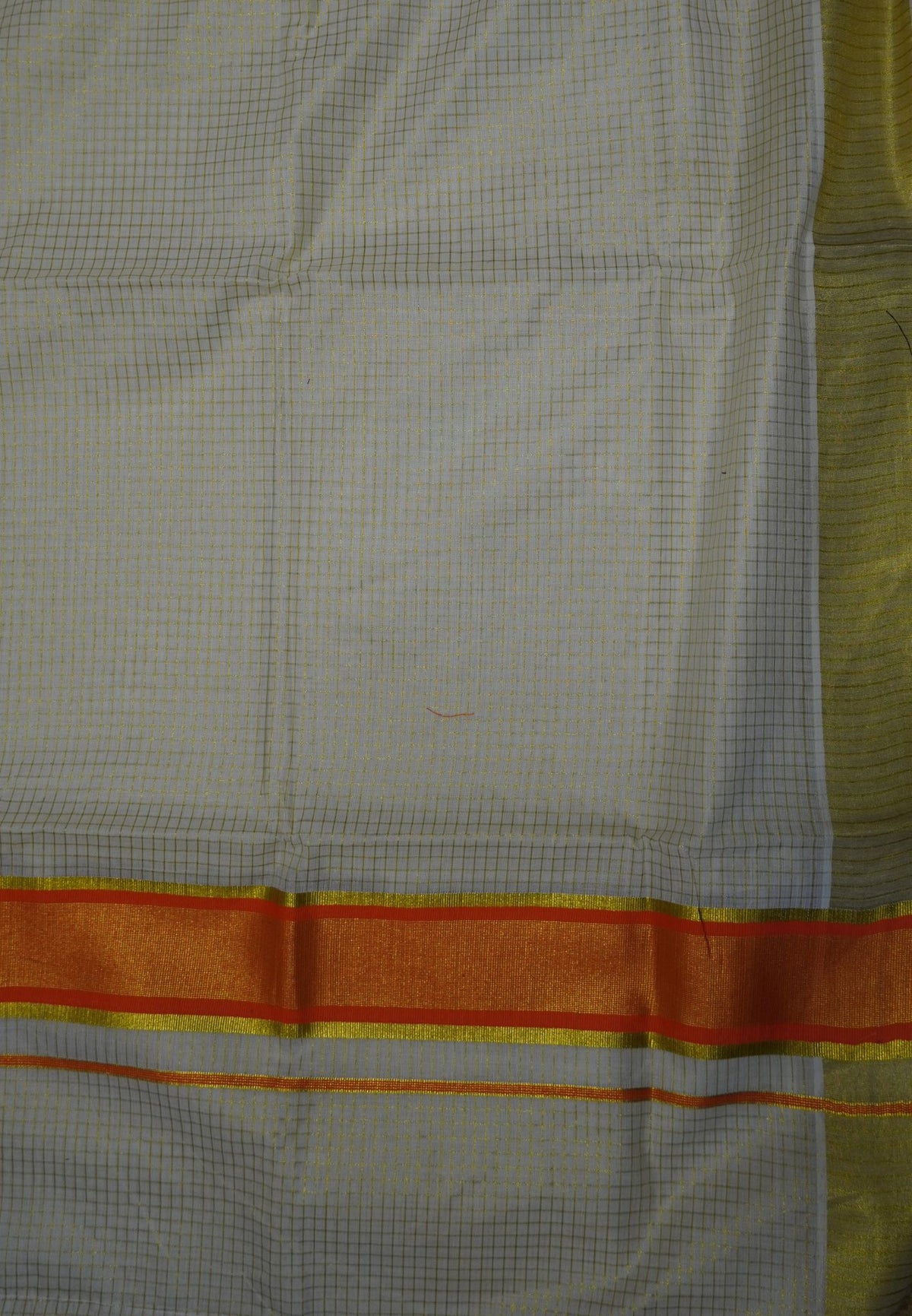 Cotton Saree – Off White with Micro Checks and Orange Kasavu Border