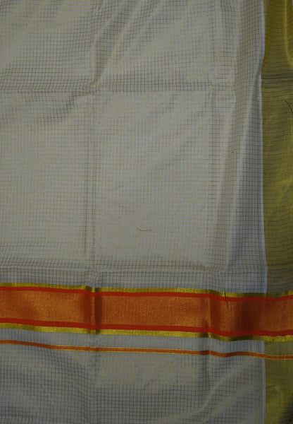 Cotton Saree – Off White with Micro Checks and Orange Kasavu Border