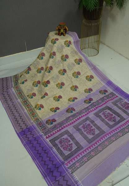 Pure Cotton Saree-Cream with Lavender in Lilac Blossom