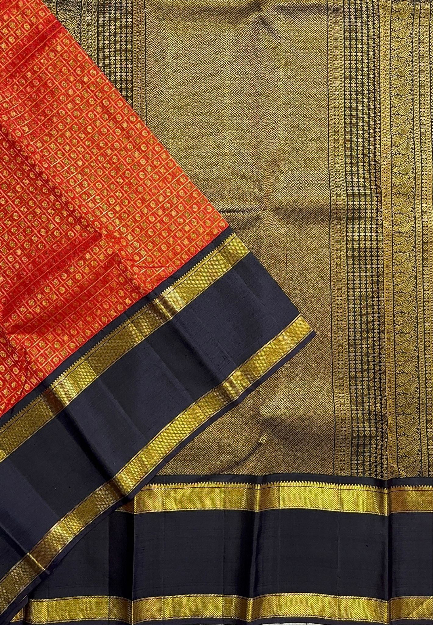 Pure Kanchipuram Silk Saree-Red in Zari Checks with Contrast Rettapet Border