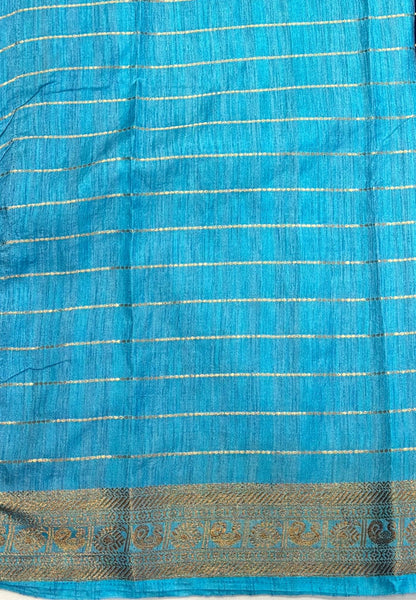 Semi Raw Silk Saree-Navy Blue in Zari Lines with Contrast Annam Border
