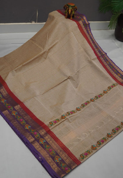 Chettinad Cotton Saree- Beige with Peacock Tanjore Print