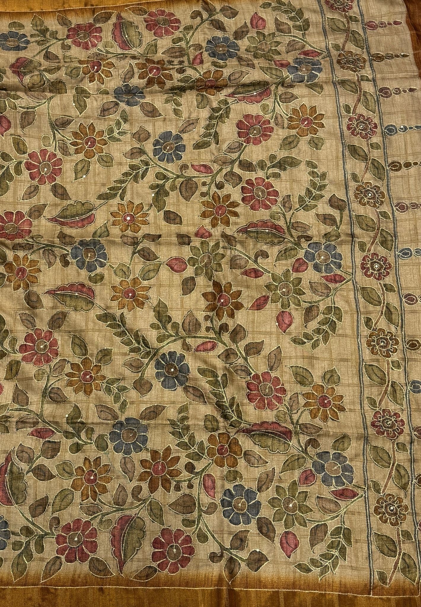 Semi Tussar Saree-Mustard In Floral Kalamkari with Hanging Motif Border