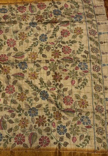 Semi Tussar Saree-Mustard In Floral Kalamkari with Hanging Motif Border