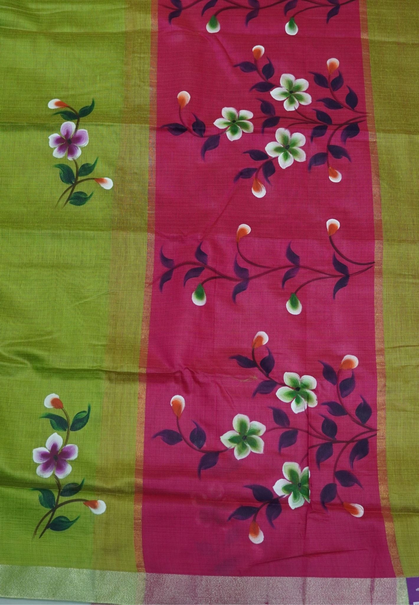Cora Linen Saree-Light Green with Hand Painted Floral Motifs