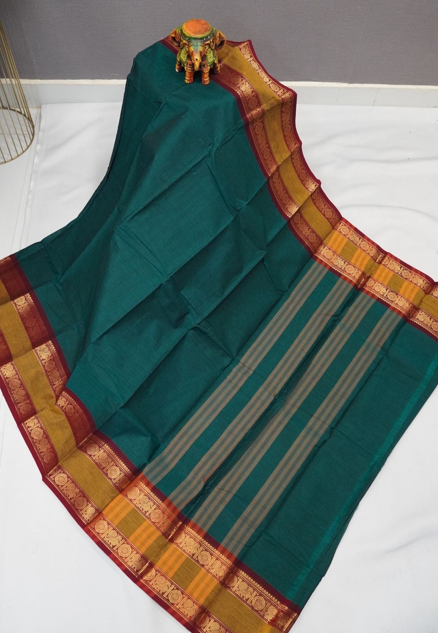 Kanchi Cotton Saree-Peacock Green with Retapet Border