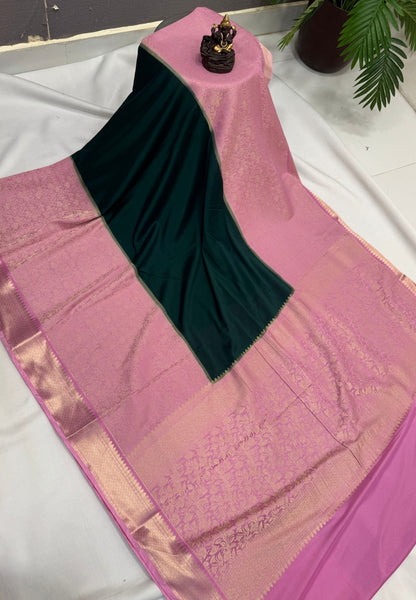 Art Mysore Silk Saree-Green-Baby Pink In Floral Zari With Contrast Border