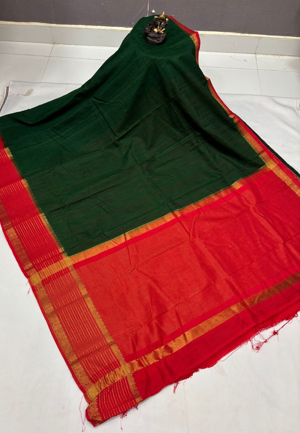 Raw Silk Saree-Dark Green With Contrast Border