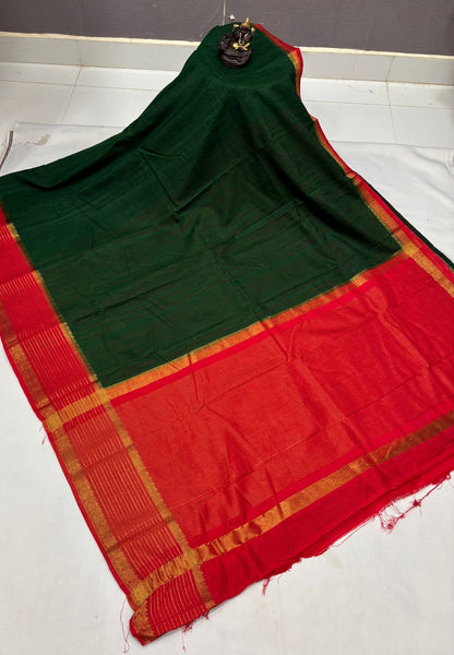 Raw Silk Saree-Dark Green With Contrast Border