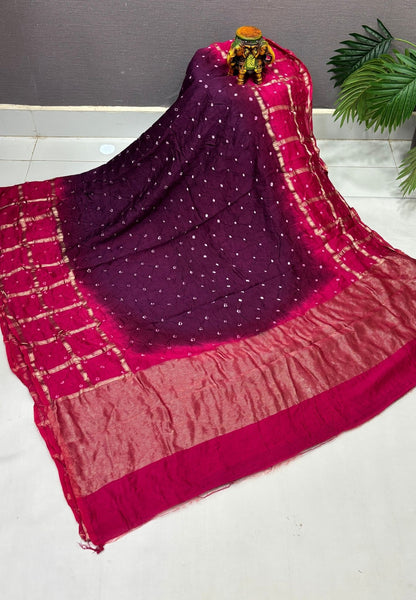 Banarasi Bandeji Saree-Wine in Checked Zari with Contrast Border