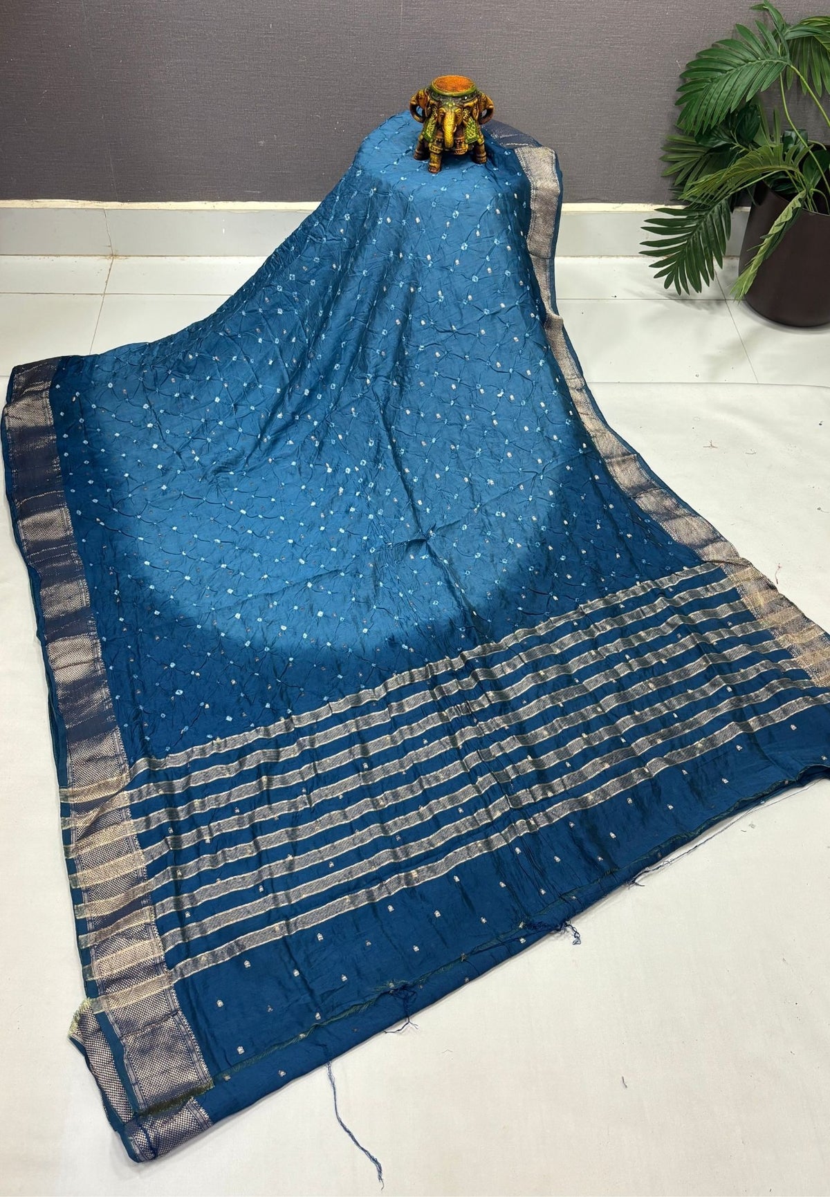 Banarasi Bandeji Saree-Peacock Blue in Horizontal Stripe Zari Border