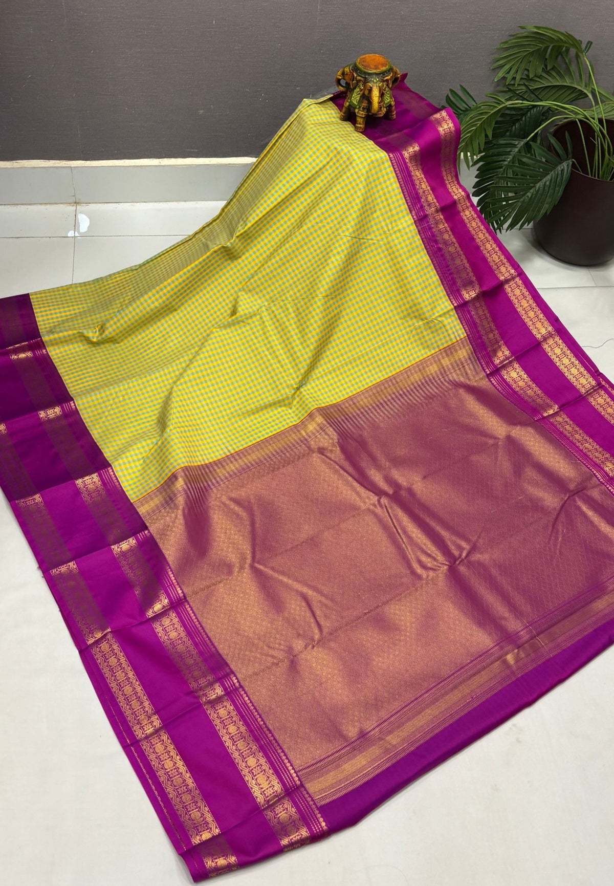 Budget Kanchipuram Saree-Sea Blue in Podi Kattam with Contrast Border
