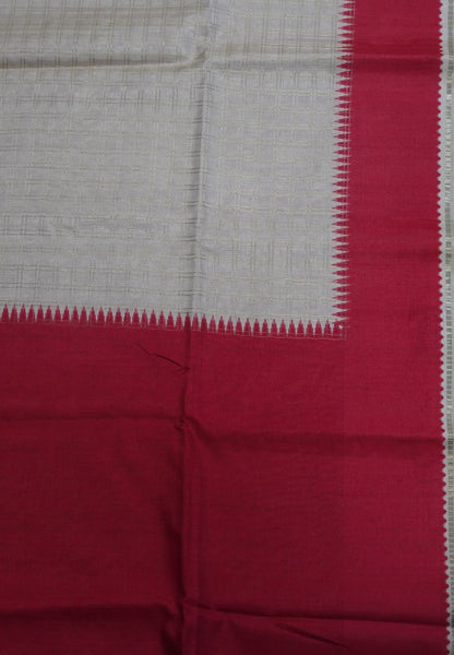 Semi Matka Tussar Saree-Off White with Contrast Border and Zari Checks