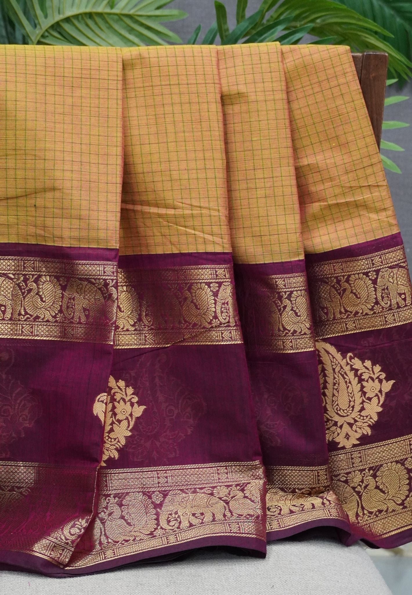 Chettinad Cotton Saree–Green-Wine With Elephant & Peacock Zari Border