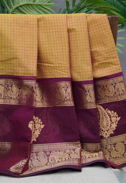 Chettinad Cotton Saree–Green-Wine With Elephant & Peacock Zari Border