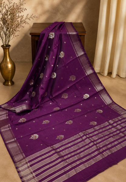 Semi Tussar Saree-Wine with Floral Zari Motif