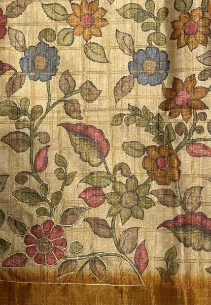 Semi Tussar Saree-Mustard In Floral Kalamkari with Hanging Motif Border