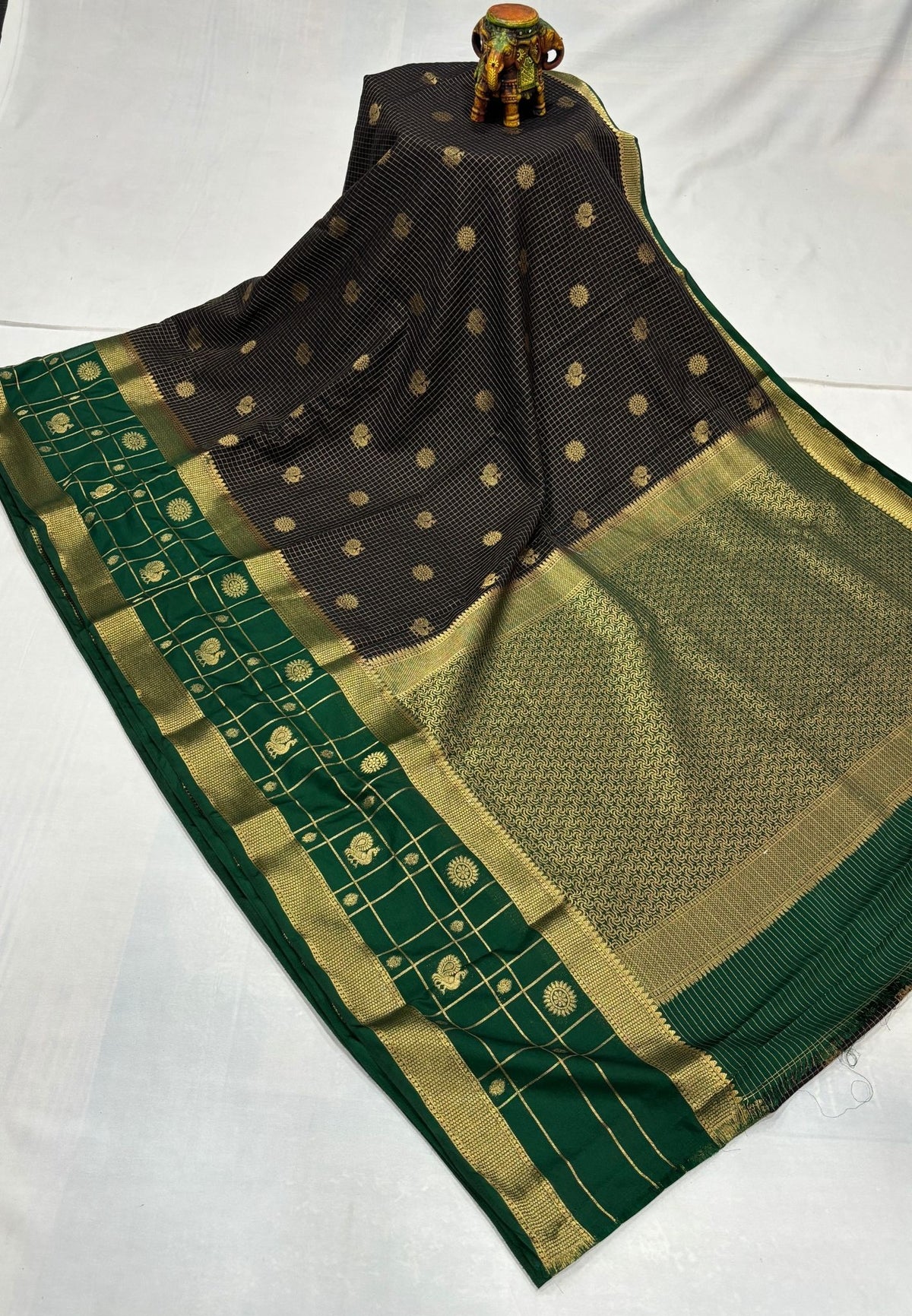 Art Mysore Silk Saree-Black in Checkered Pattern with Contrast Border
