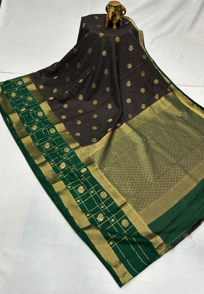 Art Mysore Silk Saree-Black in Checkered Pattern with Contrast Border