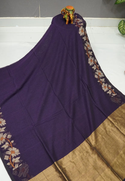 Handloom Cotton Saree-Purple Lotus Jamdhani Border