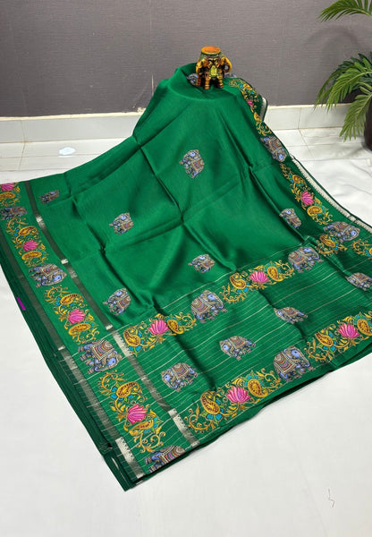 Pure Mangalgiri Silk Saree-Green Rettapet with Tanjore Print