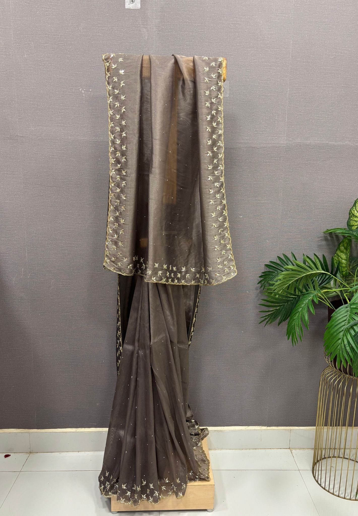 Designer Saree-Grey with Mirror Work