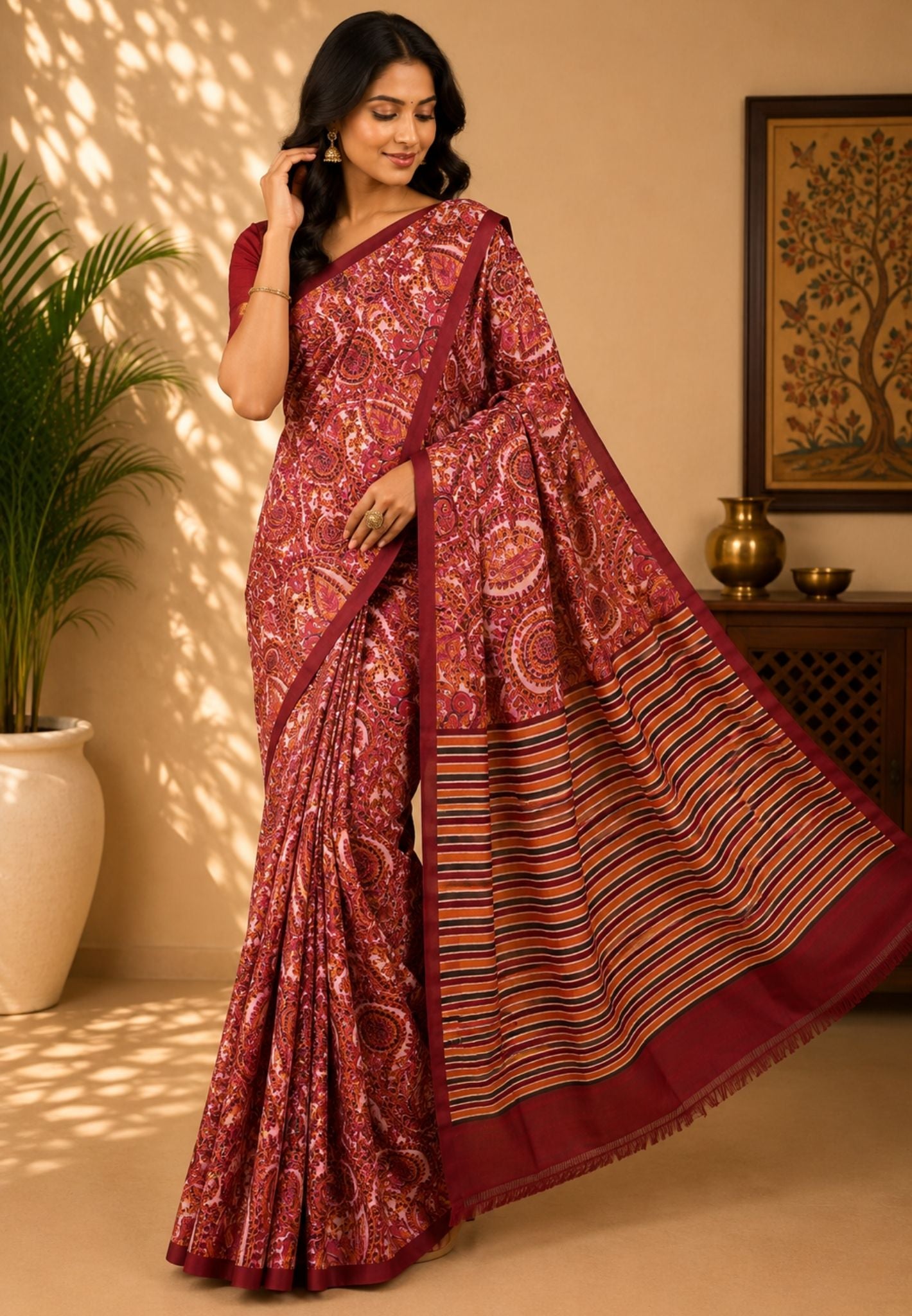 Pure Tussar Saree-Red in Paisley Pattern
