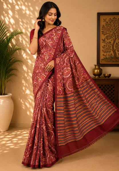 Pure Tussar Saree-Red in Paisley Pattern