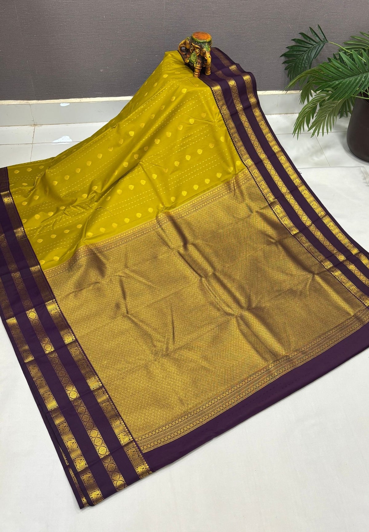 Budget Kanchipuram Saree-Yellow with Contrast Border