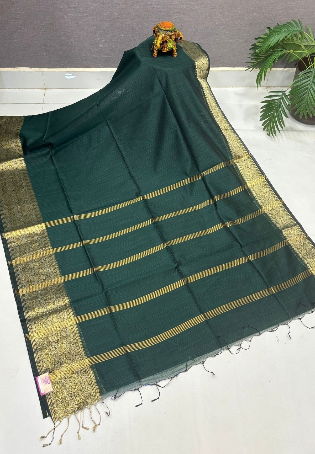 Handloom Silk Cotton Saree-Bottle Green In Manga Brocade Zari Border