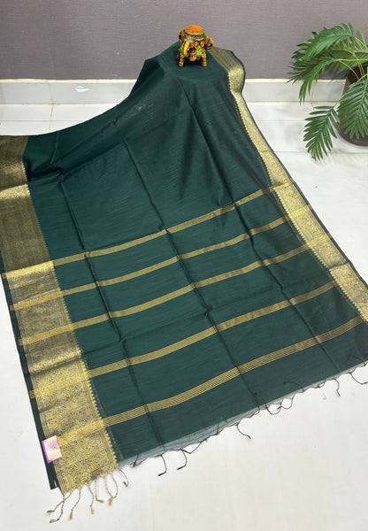 Handloom Silk Cotton Saree-Bottle Green In Manga Brocade Zari Border