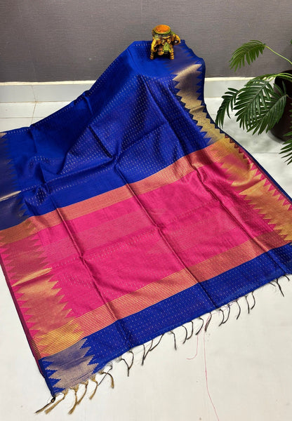 Semi Raw Silk Saree-Blue In Zigzag Zari With Contrast Border