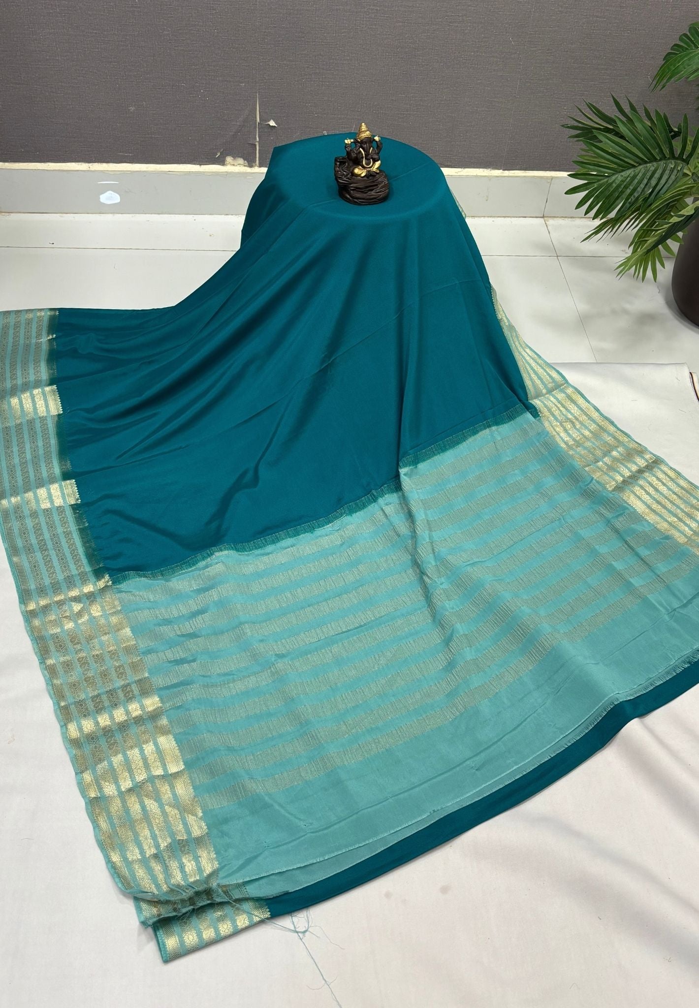 Mysore Crepe Silk Saree-Teal Green With Contrast Border