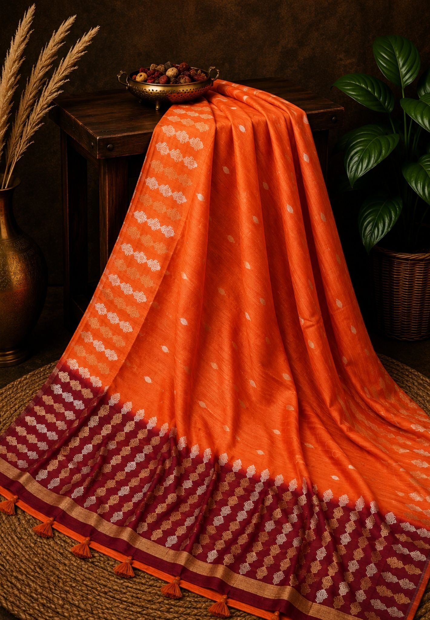 Semi  Tussar Saree - DK Orange