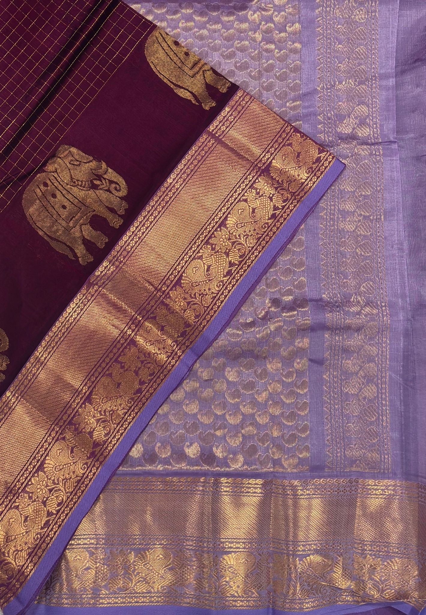 Pure Silk Cotton Saree – Wine Purple with Contrast Lavender Gaja Butta & Rich Zari Border