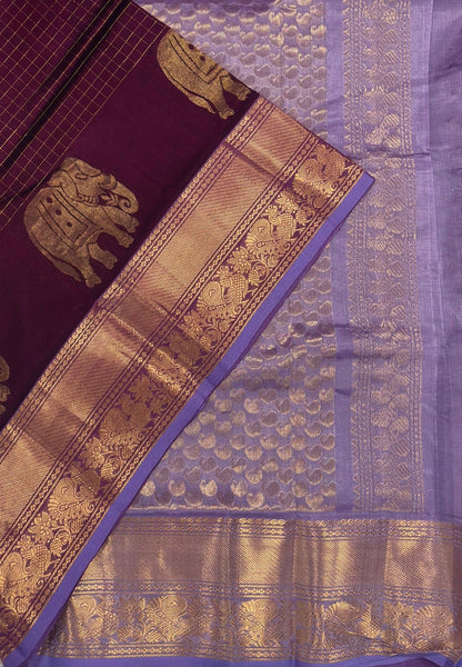 Pure Silk Cotton Saree – Wine Purple with Contrast Lavender Gaja Butta & Rich Zari Border