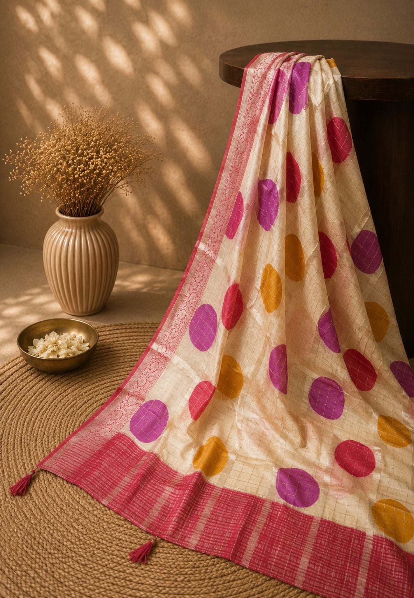 Viscose Silk Saree-Off-white with Circle Motif
